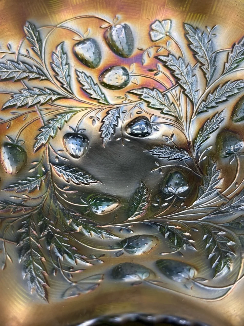 Northwood Antique Green Carnival Glass Strawberry Basketweave Ruffle Edge Bowl